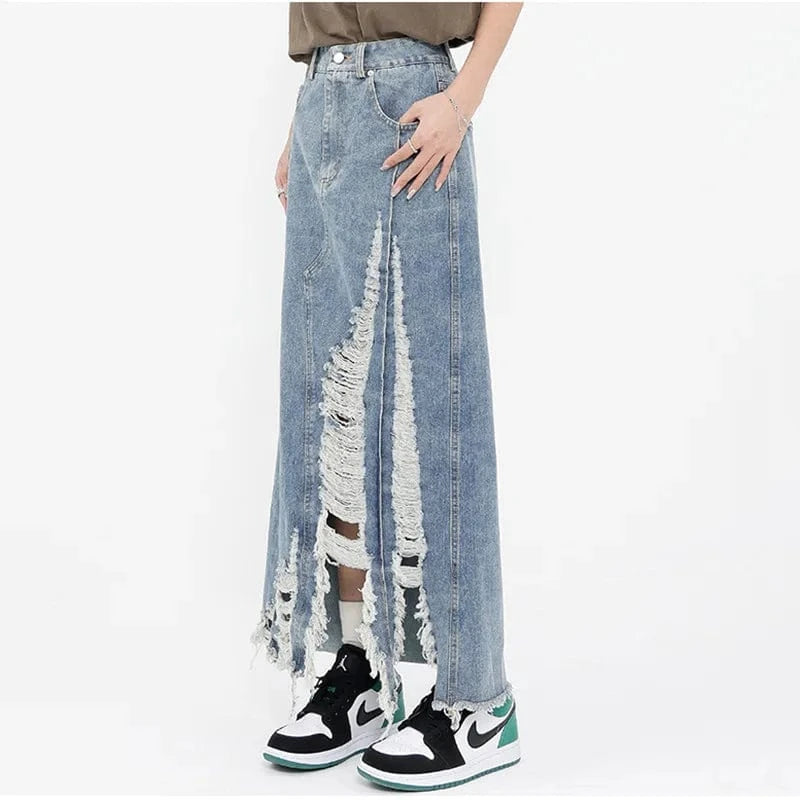 Wholesale Fashion Irregular Skirt Pocket Ripprd Skirt Denim Long Jeans Women's Skirts