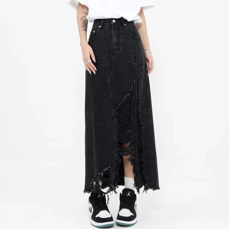 Wholesale Fashion Irregular Skirt Pocket Ripprd Skirt Denim Long Jeans Women's Skirts