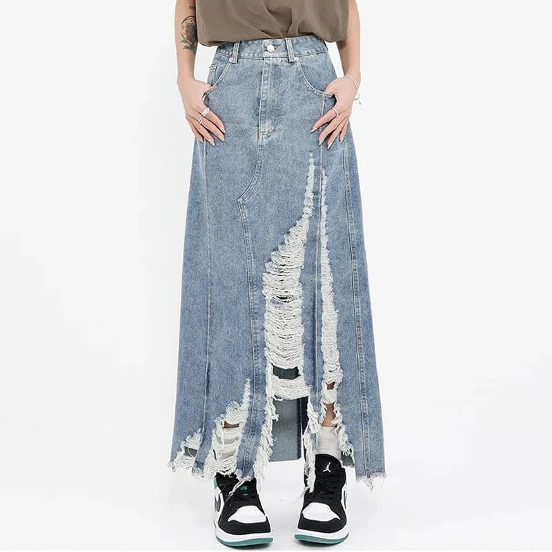 Wholesale Fashion Irregular Skirt Pocket Ripprd Skirt Denim Long Jeans Women's Skirts