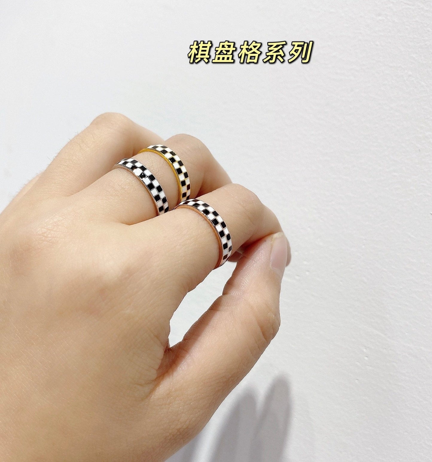 wholesale Fashion Jewelry 925 Sterling Silver 18k Gold Plated Geometry White Black Enamel Chunky Color Open Rings Set For Women