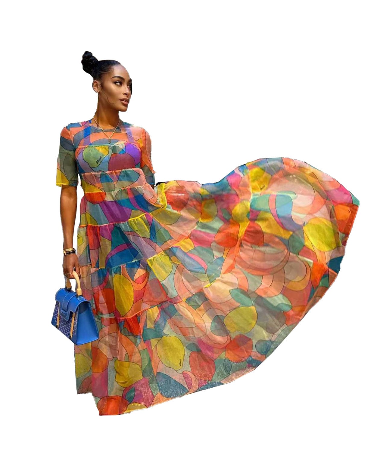 Wholesale Fashion Print Women's Clothing Elegant Crew Neck Low Waist Mesh Dresses Maxi Dress Ladies Boutique Clothes