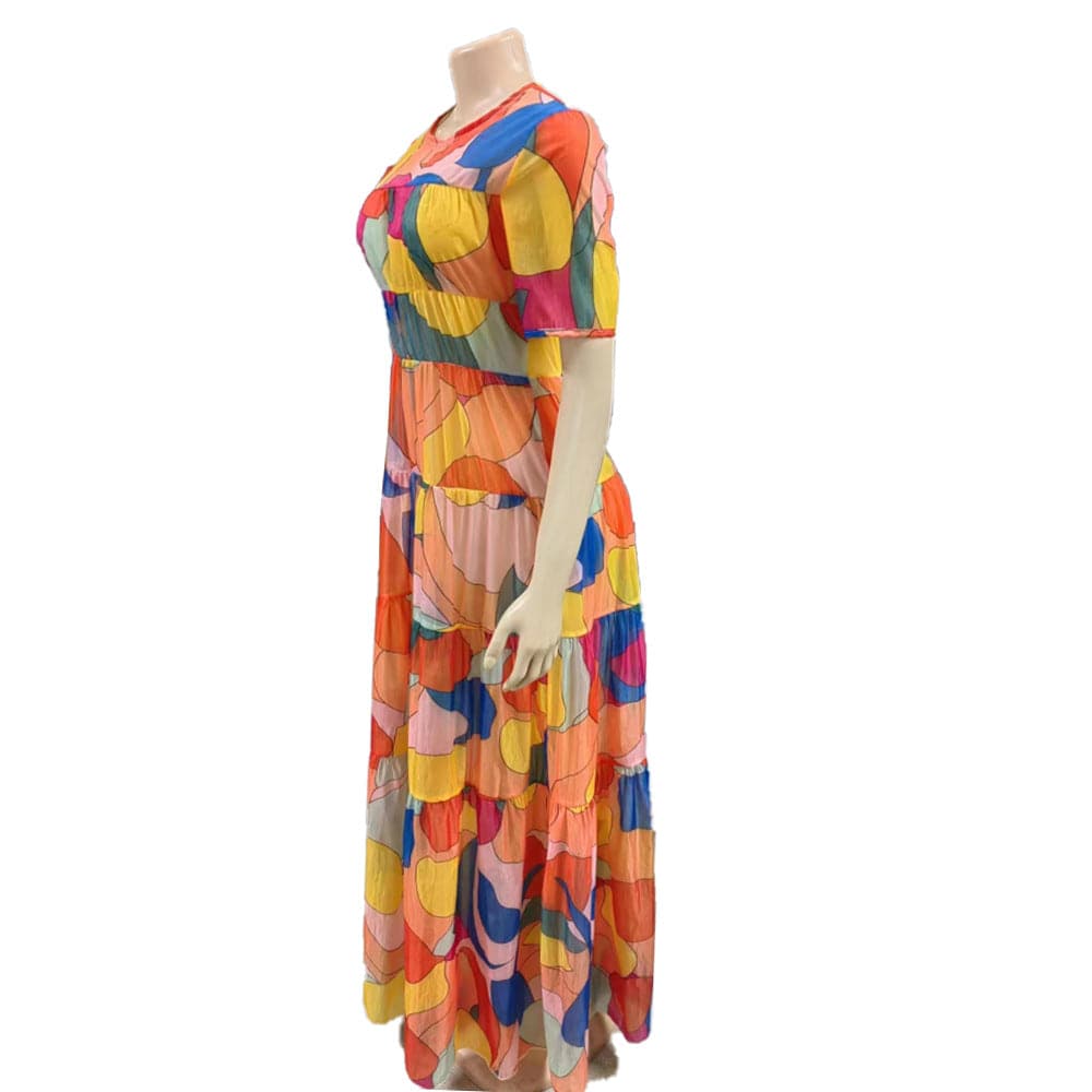 Wholesale Fashion Print Women's Clothing Elegant Crew Neck Low Waist Mesh Dresses Maxi Dress Ladies Boutique Clothes