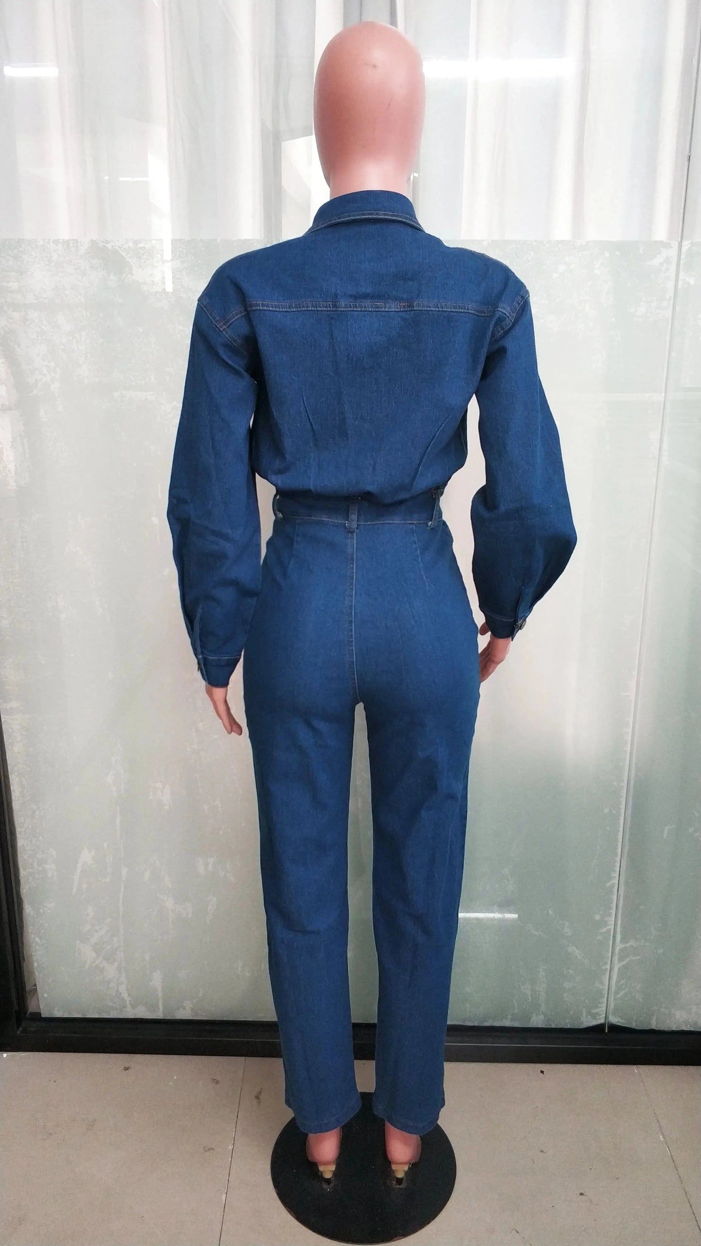 Wholesale Fashion Washed Stretch Calf Cuff Blue Denim Jeans Jumpsuit Women Lapel Long Sleeve Casual Fitted Flared Jeans Women