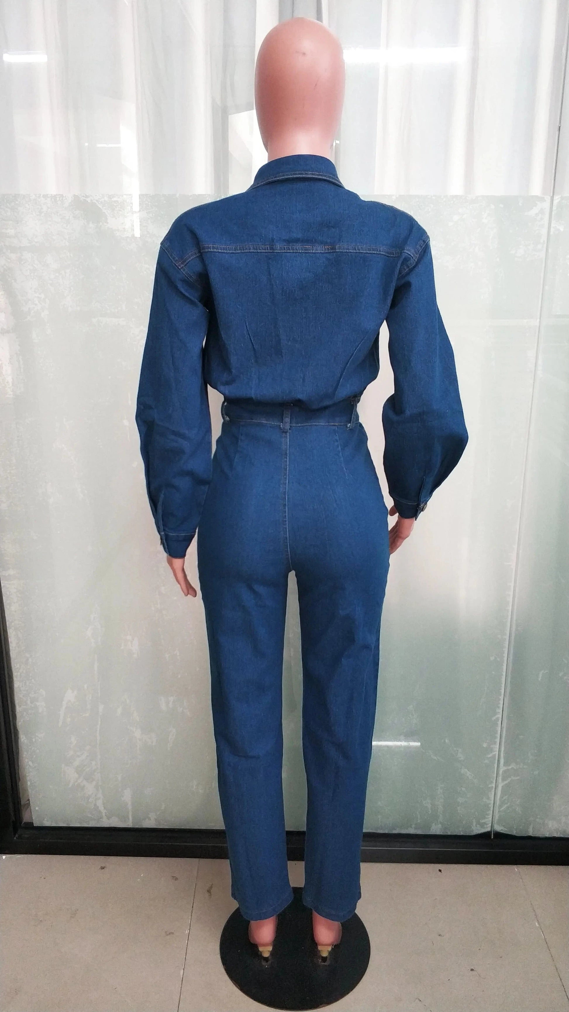 Wholesale Fashion Washed Stretch Calf Cuff Blue Denim Jeans Jumpsuit Women Lapel Long Sleeve Casual Fitted Flared Jeans Women