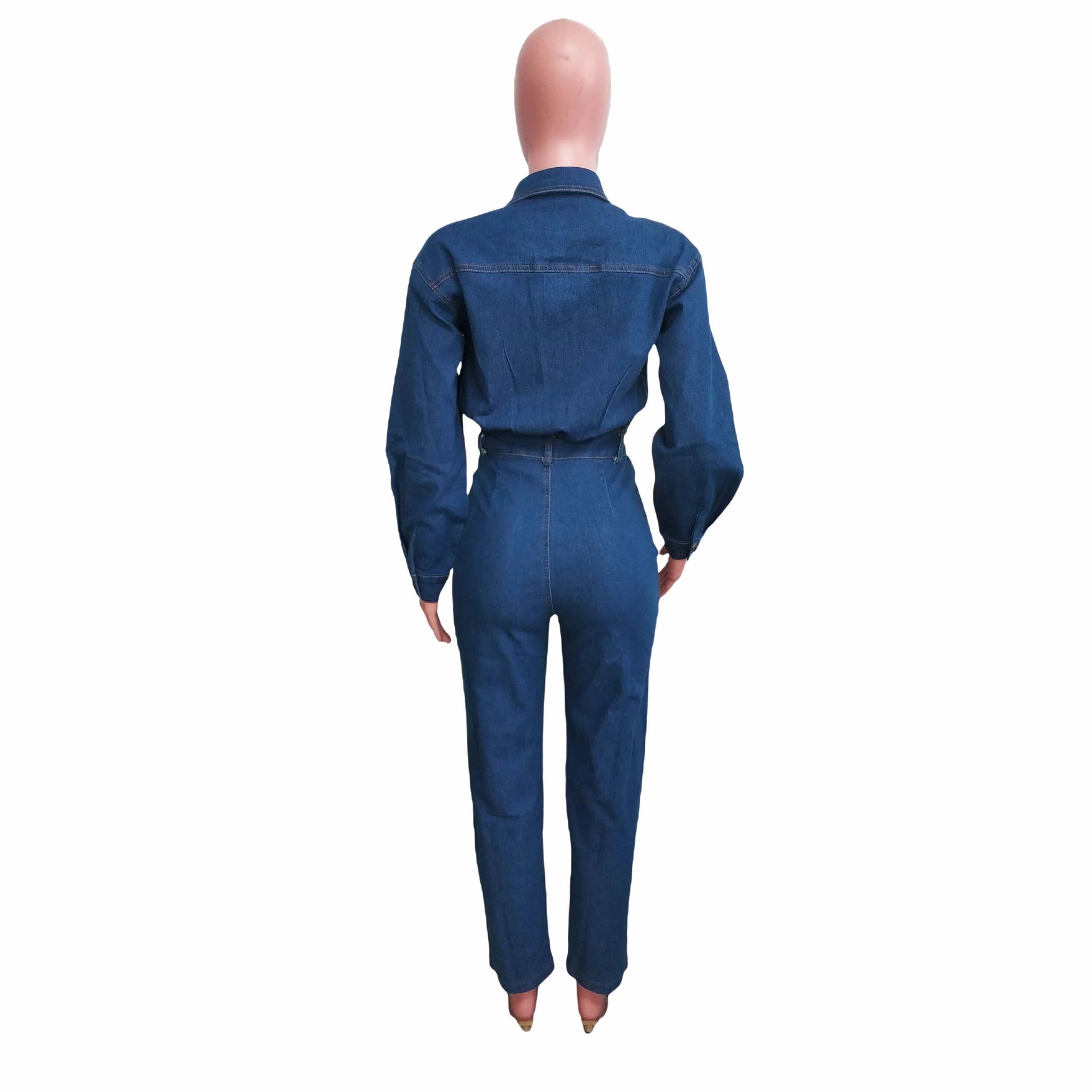 Wholesale Fashion Washed Stretch Calf Cuff Blue Denim Jeans Jumpsuit Women Lapel Long Sleeve Casual Fitted Flared Jeans Women