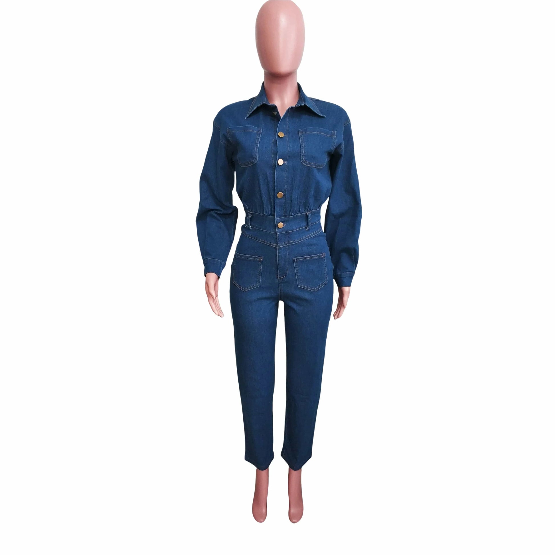 Wholesale Fashion Washed Stretch Calf Cuff Blue Denim Jeans Jumpsuit Women Lapel Long Sleeve Casual Fitted Flared Jeans Women