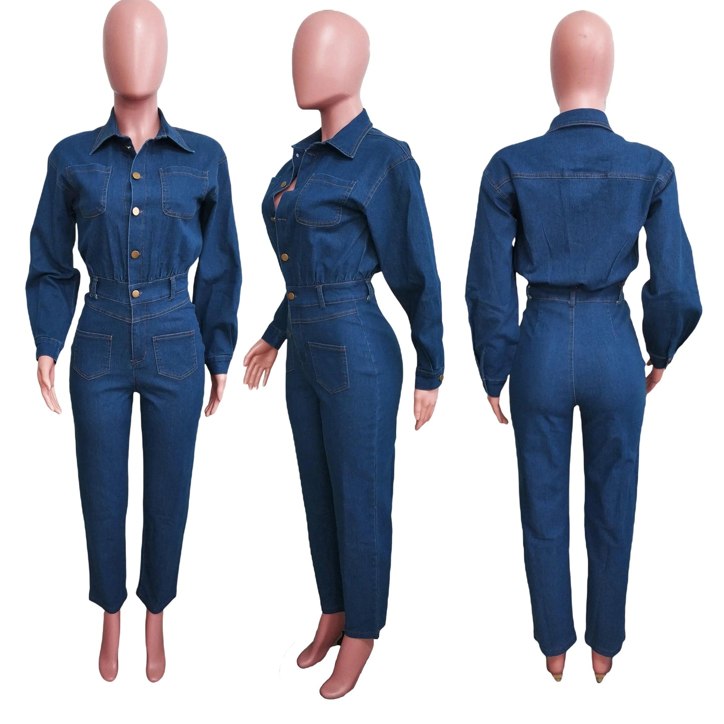 Wholesale Fashion Washed Stretch Calf Cuff Blue Denim Jeans Jumpsuit Women Lapel Long Sleeve Casual Fitted Flared Jeans Women