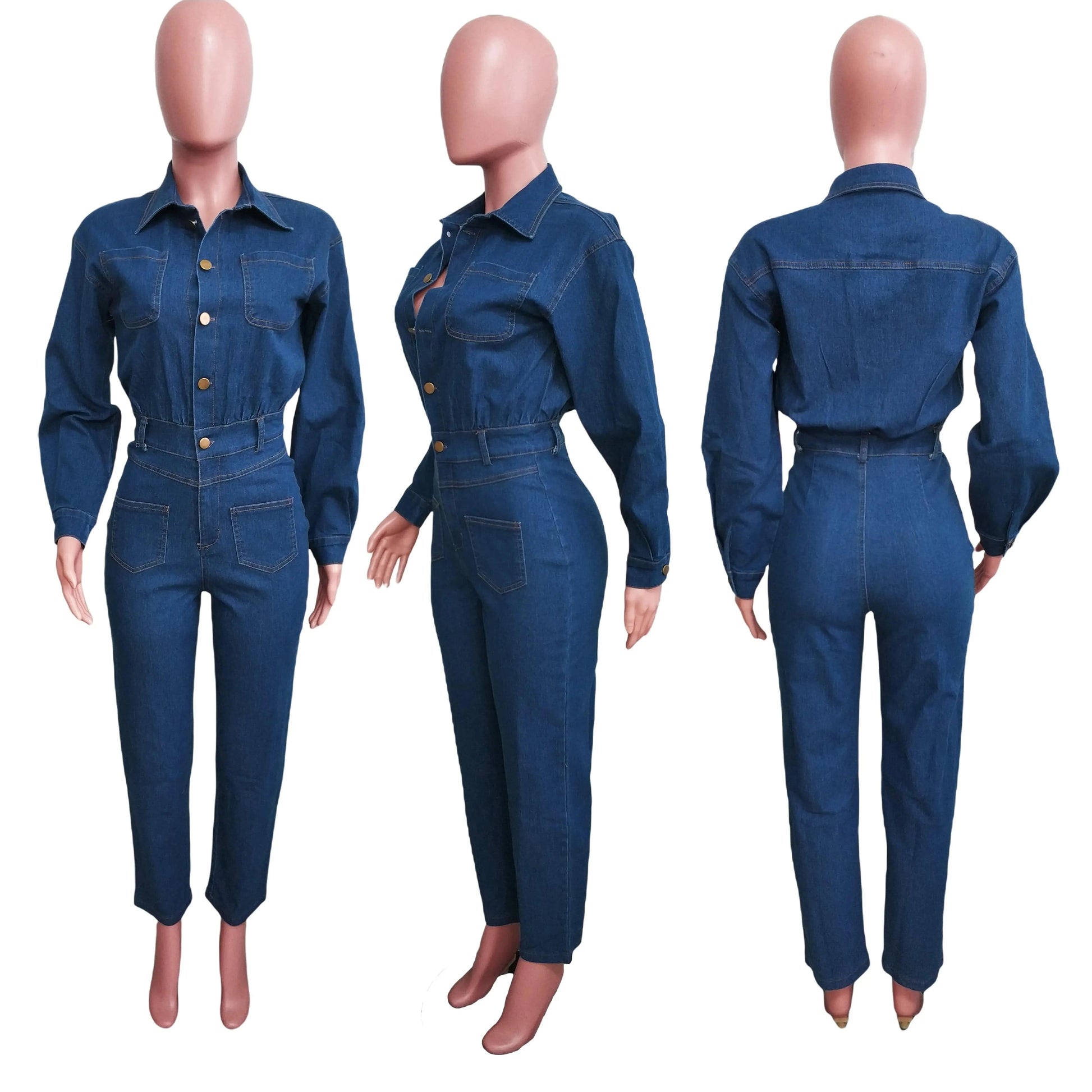 Wholesale Fashion Washed Stretch Calf Cuff Blue Denim Jeans Jumpsuit Women Lapel Long Sleeve Casual Fitted Flared Jeans Women