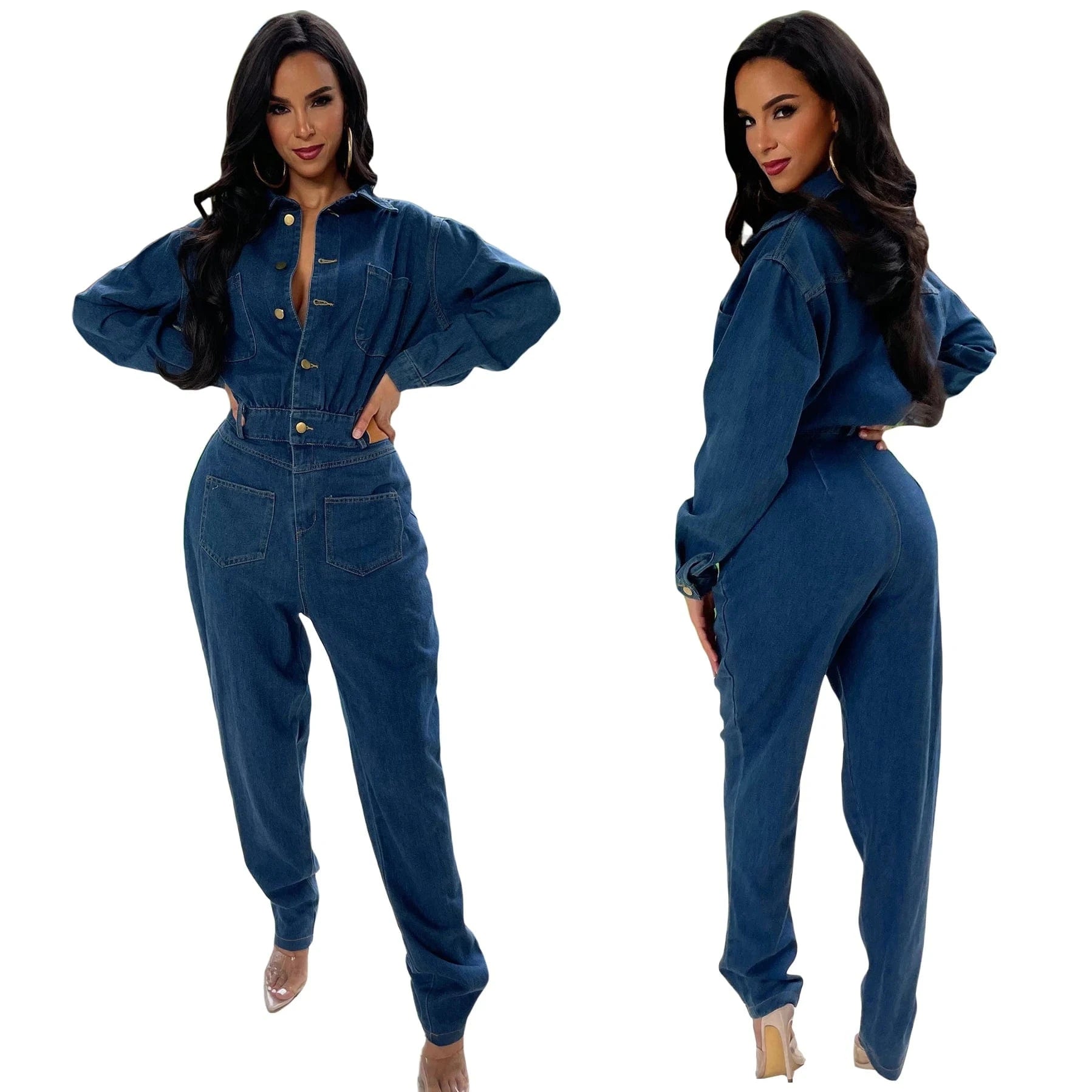 Wholesale Fashion Washed Stretch Calf Cuff Blue Denim Jeans Jumpsuit Women Lapel Long Sleeve Casual Fitted Flared Jeans Women