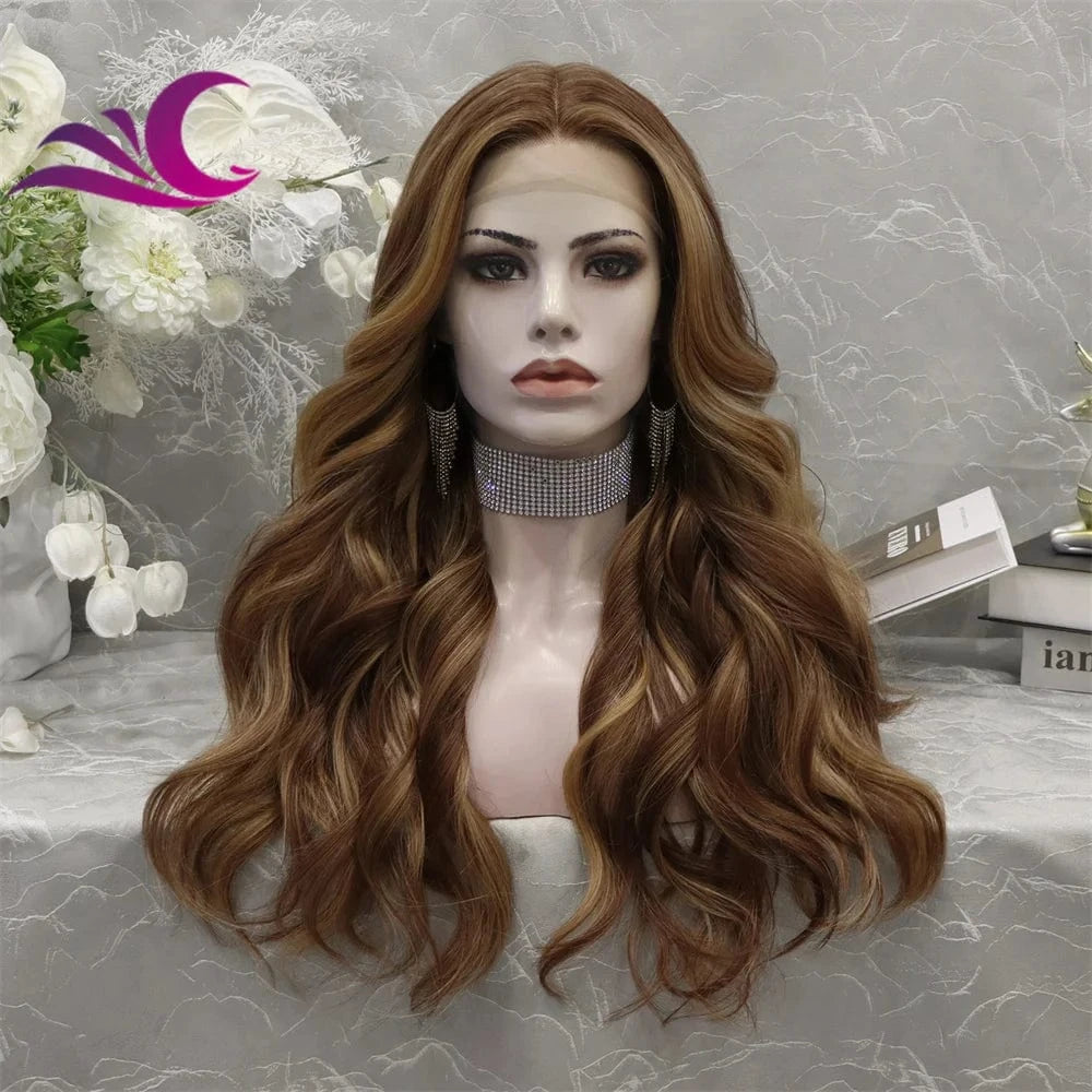 Wholesale Future Japanese Fiber Synthetic Lace Front Highlighted Brown Color  Wig