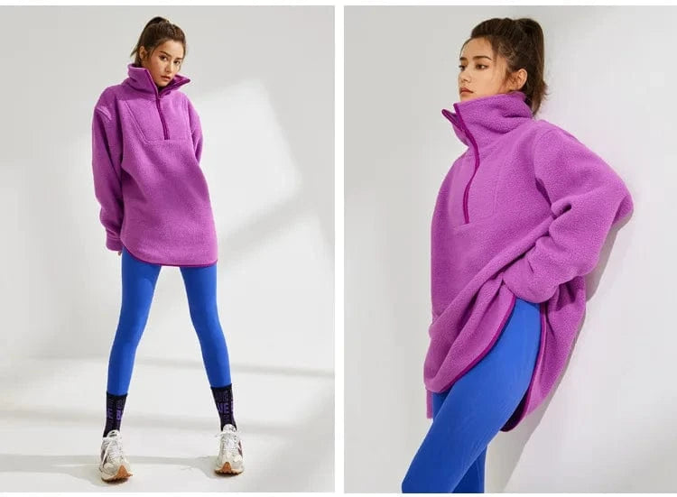 Wholesale half Zipper Lapel Sweats Teddy Soft Fabric fleece mock neck sweatshirt for Women Sports