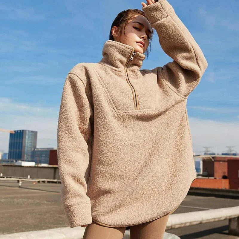 Wholesale half Zipper Lapel Sweats Teddy Soft Fabric fleece mock neck sweatshirt for Women Sports