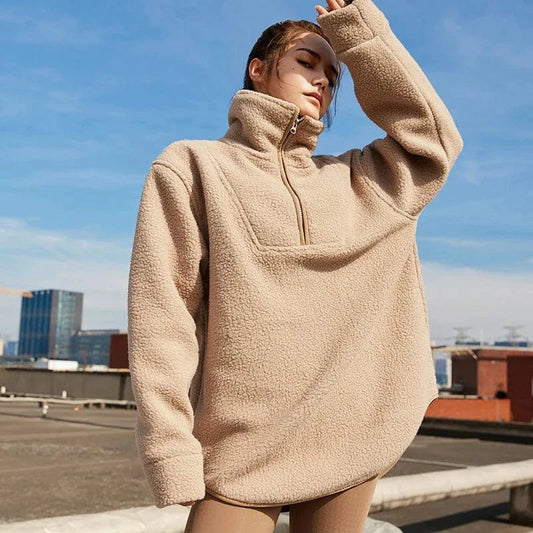 Wholesale half Zipper Lapel Sweats Teddy Soft Fabric fleece mock neck sweatshirt for Women Sports