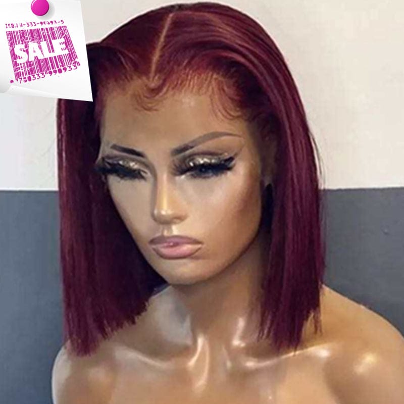 wholesale HD transparent lace wigs #99j color short bob silky straight human hair wig cheap 180% density lace front wig