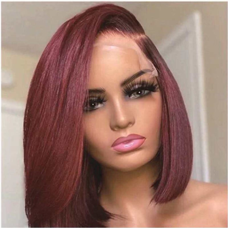 wholesale HD transparent lace wigs #99j color short bob silky straight human hair wig cheap 180% density lace front wig