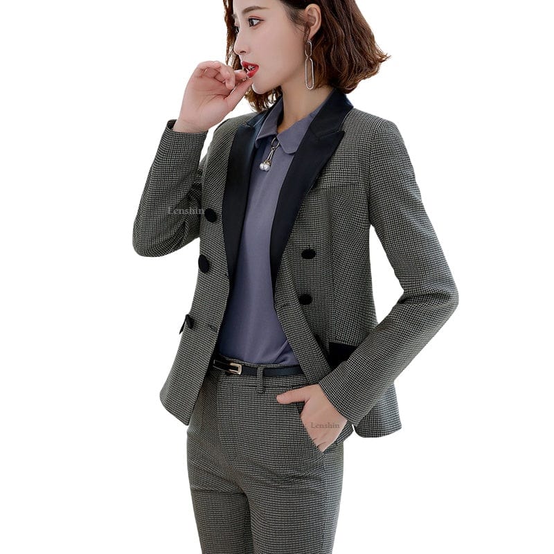 Wholesale High-quality 2 Piece Suit Set Houndstooth Pant Suit Blazer Office Lady Design Women Soft Jacket and Ankle-Length Pant