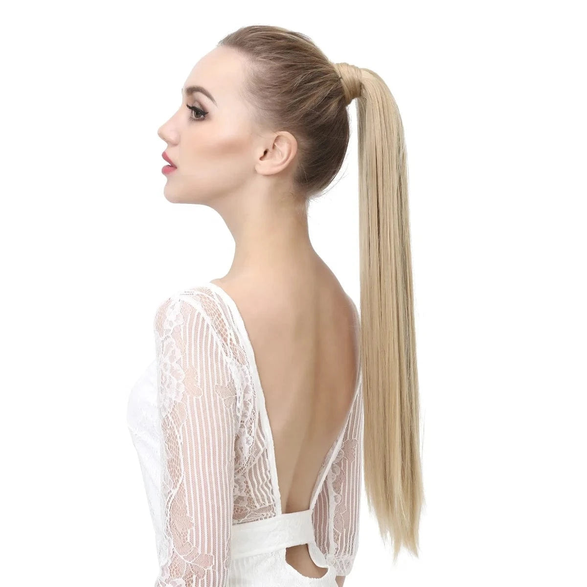Wholesale High Quality 24 Inch Synthetic Fiber Silky Straight Colorful  Wrap Around Hair Ponytail Extension Wig For White Women