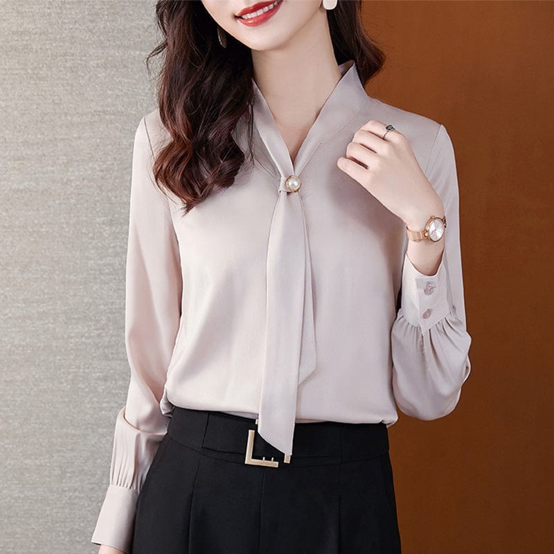 Wholesale High Quality New Elegant Female Loose Shirt Tie Collar Beige White Casual Women Long Sleeve Silk Office Ladies Blouses