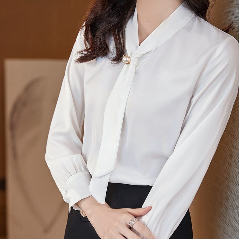 Wholesale High Quality New Elegant Female Loose Shirt Tie Collar Beige White Casual Women Long Sleeve Silk Office Ladies Blouses