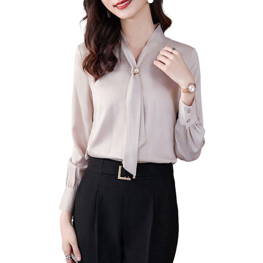 Wholesale High Quality New Elegant Female Loose Shirt Tie Collar Beige White Casual Women Long Sleeve Silk Office Ladies Blouses