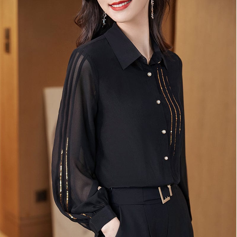 Wholesale High Quality New Elegant Female Loose Shirt Turndown collar Black Casual Women Clothes Tops Office Ladies Blouses