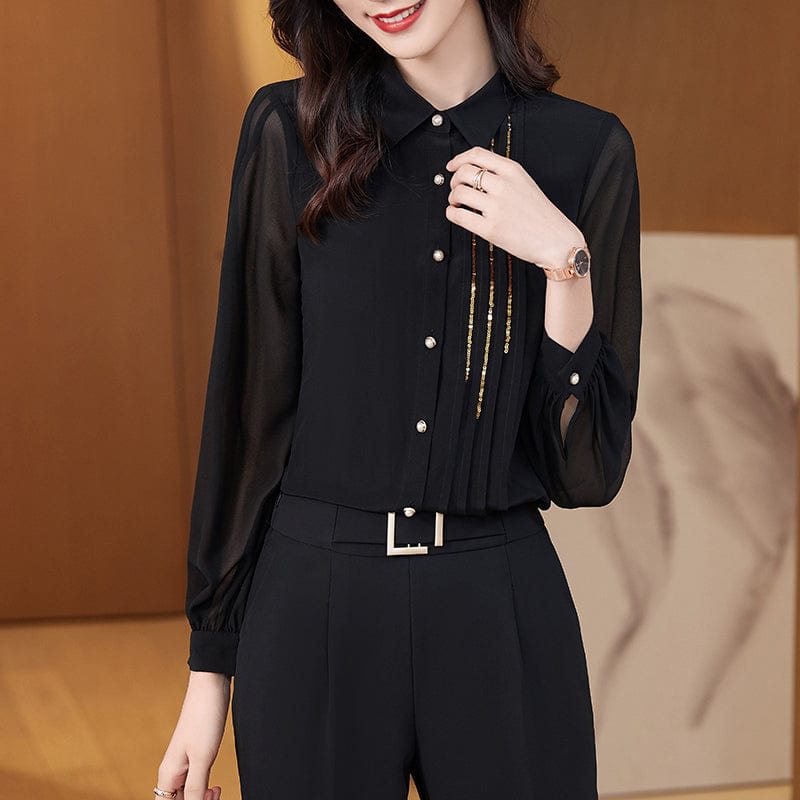 Wholesale High Quality New Elegant Female Loose Shirt Turndown collar Black Casual Women Clothes Tops Office Ladies Blouses