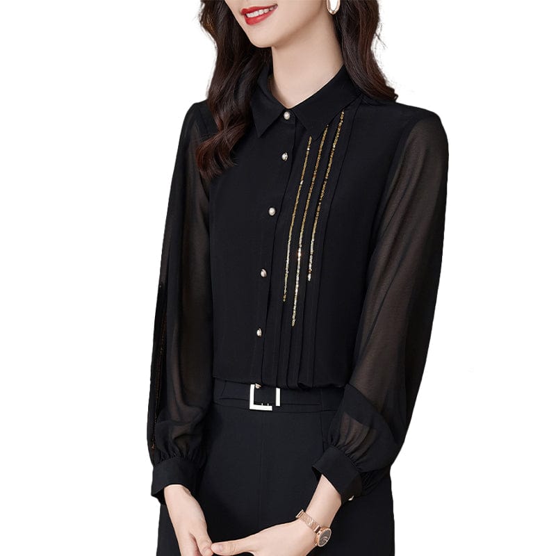 Wholesale High Quality New Elegant Female Loose Shirt Turndown collar Black Casual Women Clothes Tops Office Ladies Blouses