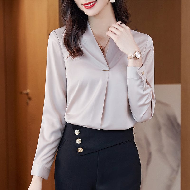 Wholesale High Quality New Elegant Female Loose Shirt V-neck  Beige White Casual Women Long Sleeve Office Ladies Blouses
