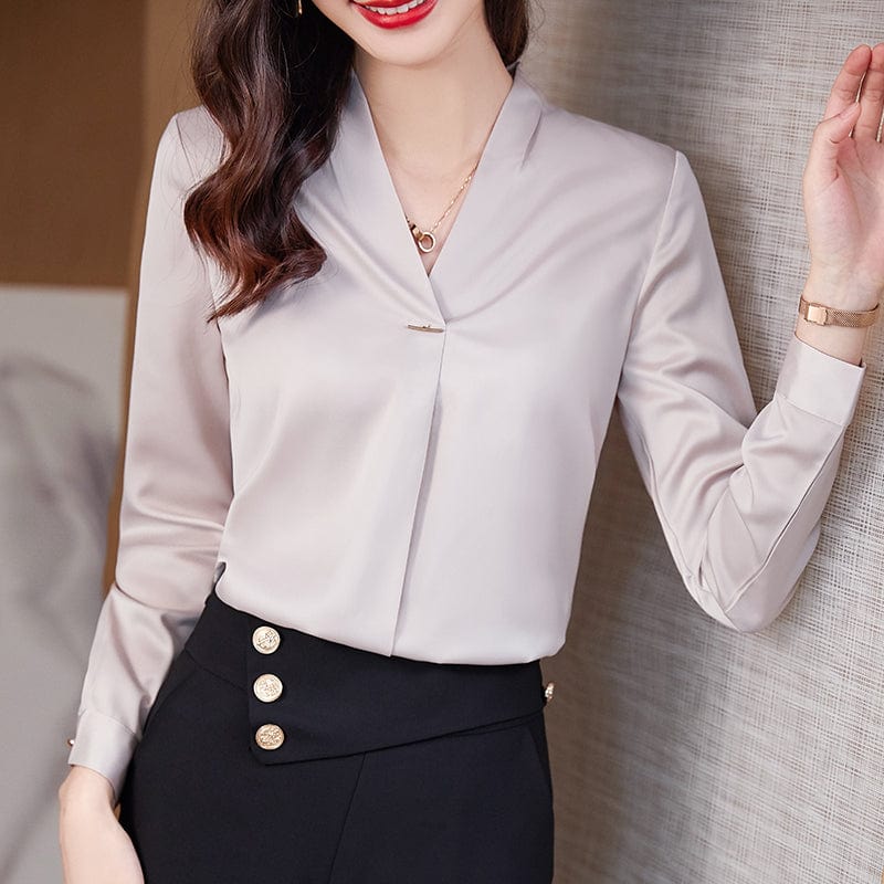 Wholesale High Quality New Elegant Female Loose Shirt V-neck  Beige White Casual Women Long Sleeve Office Ladies Blouses