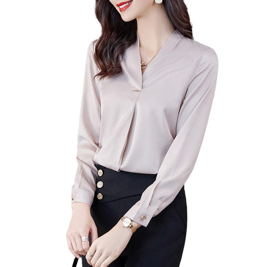 Wholesale High Quality New Elegant Female Loose Shirt V-neck  Beige White Casual Women Long Sleeve Office Ladies Blouses
