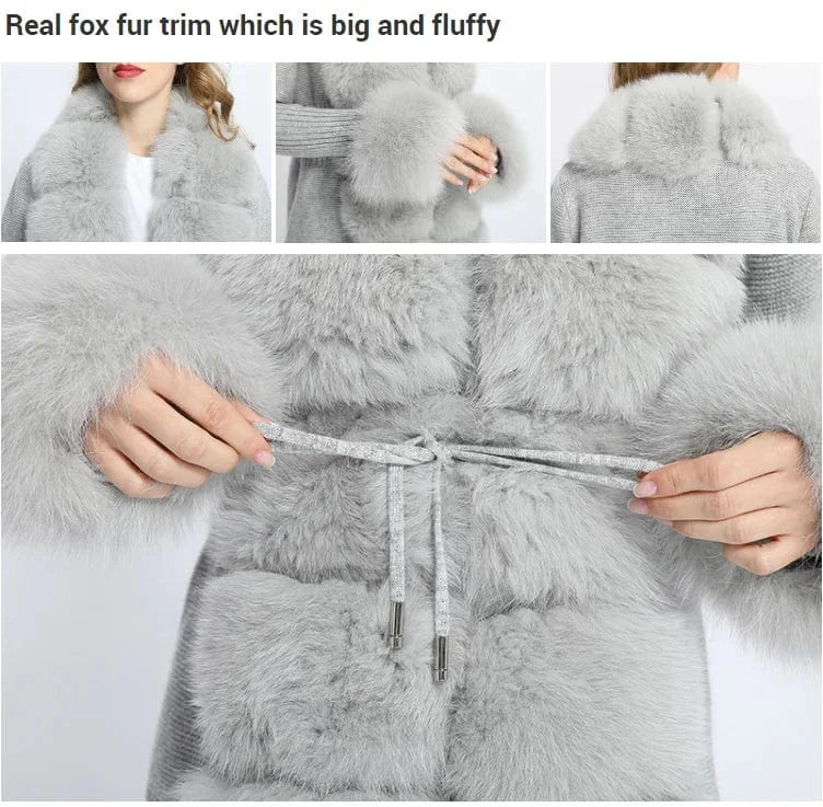 Wholesale Ladies Autumn Winter Knitted Fox Fur Trim Wool Fur Sweater