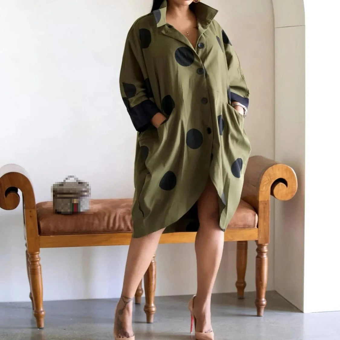 Wholesale Ladies Casual Windbreaker Jacket Loose Polka Dot Print Irregular Bat Sleeve Women's Trench Coat