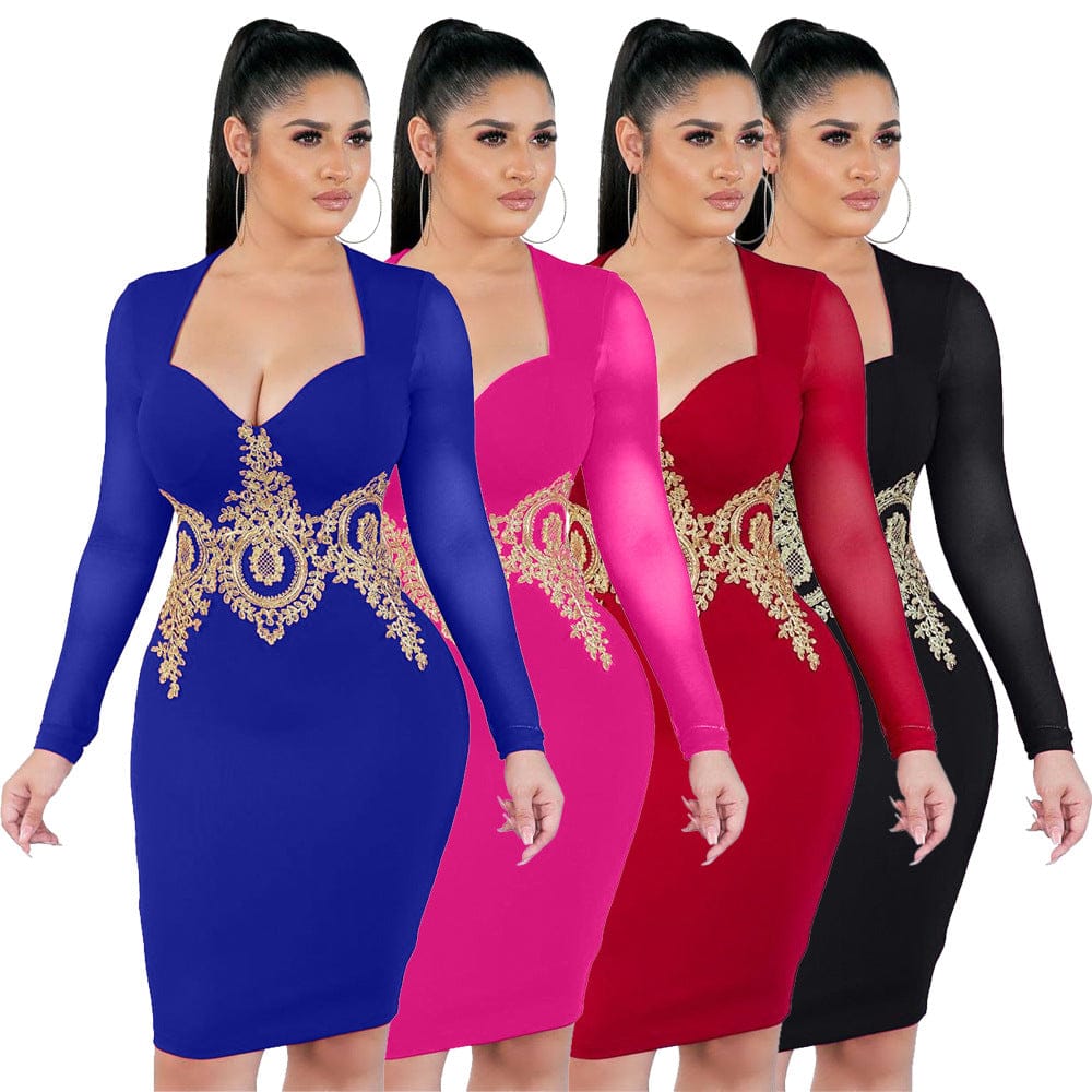 Wholesale Latest New Design V Neck Women Knee-Length Sexy Spring Bodycon Long Sleeve Dress