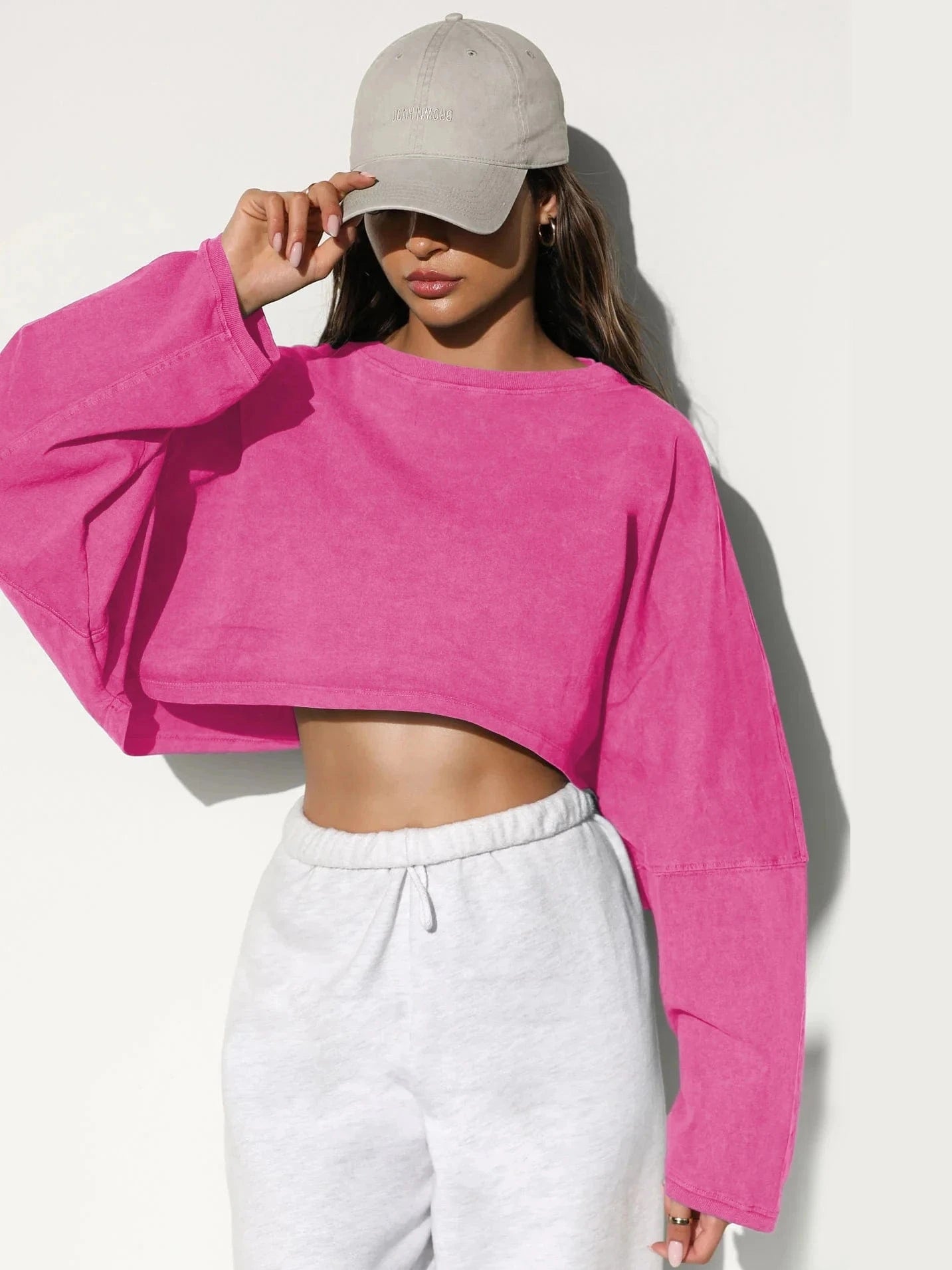 Wholesale Long Sleeve Crewneck Crop Top TShirt Casual Solid Loose Fit Workout Cropped Pullover Sweatshirts Women