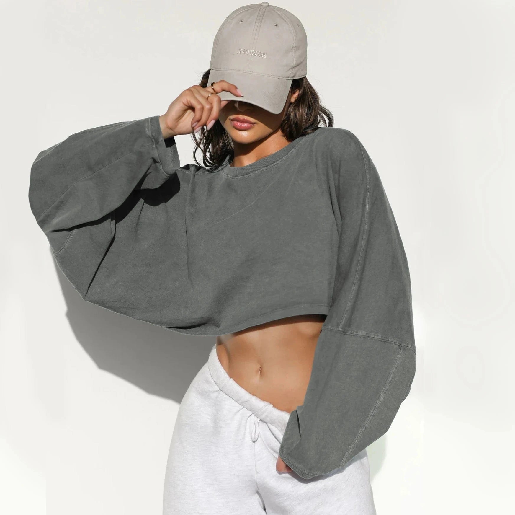 Wholesale Long Sleeve Crewneck Crop Top TShirt Casual Solid Loose Fit Workout Cropped Pullover Sweatshirts Women