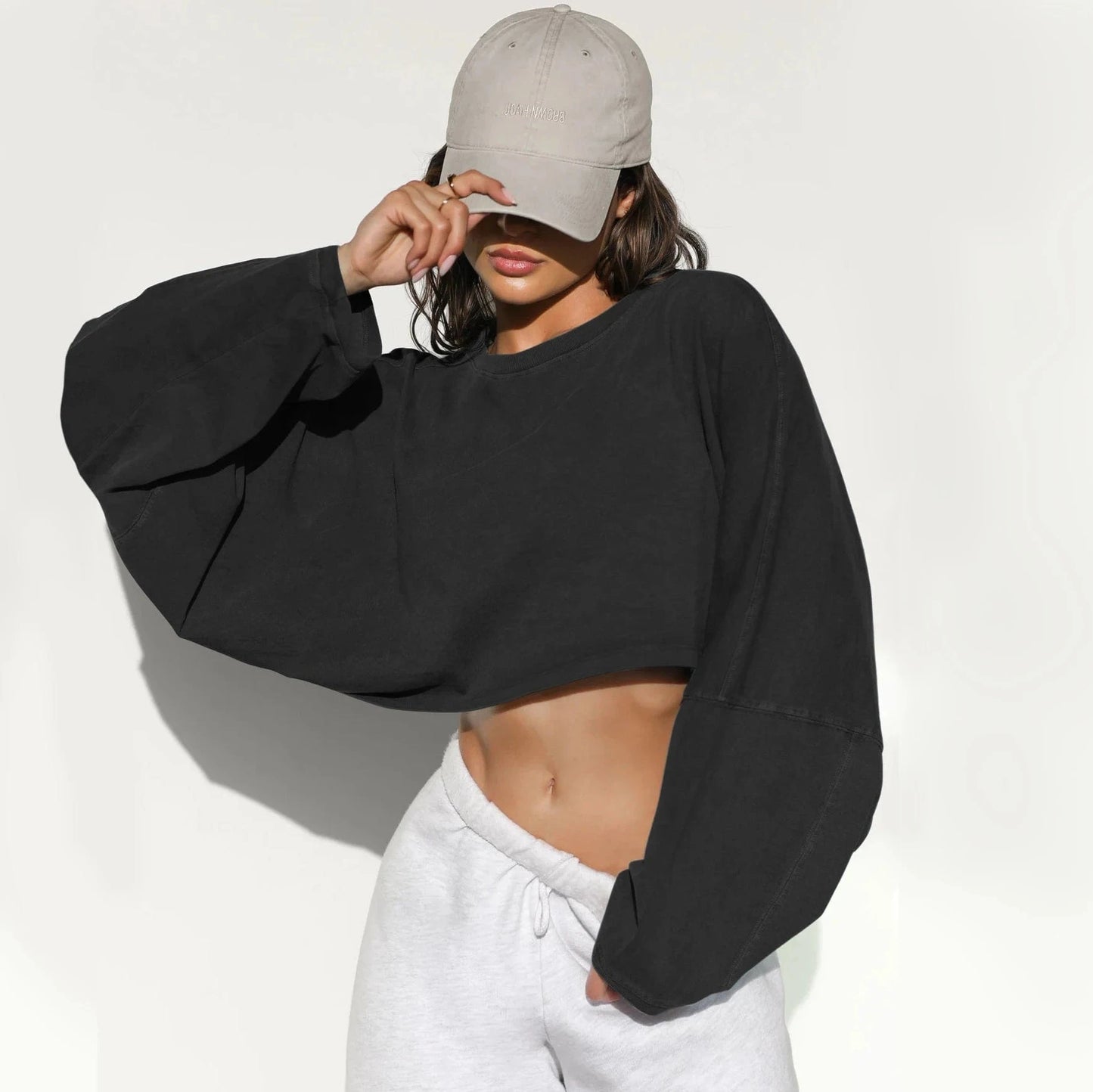 Wholesale Long Sleeve Crewneck Crop Top TShirt Casual Solid Loose Fit Workout Cropped Pullover Sweatshirts Women