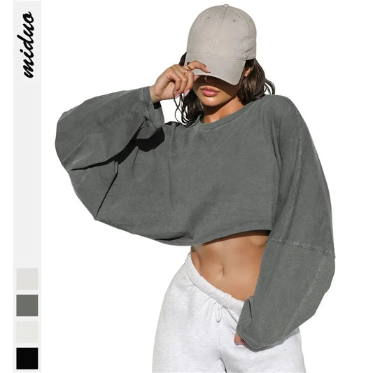 Wholesale Long Sleeve Crewneck Crop Top TShirt Casual Solid Loose Fit Workout Cropped Pullover Sweatshirts Women