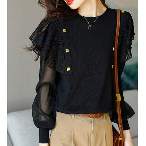 Wholesale Long-sleeved Round Neck 2022 Early Spring New Top Shirts Women's Design Sense Niche French Ruffled Shirts