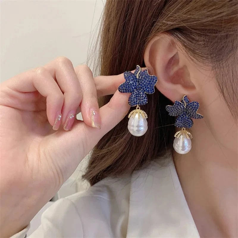 Wholesale Luxury Flower Pearl Drop Earrings for Women Girls Gift Engagement S925 Silver Needle Colorful Zircon Fashion Jewelry