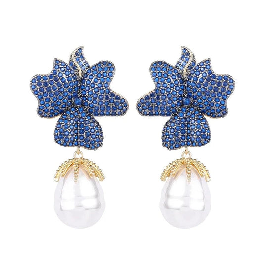 Wholesale Luxury Flower Pearl Drop Earrings for Women Girls Gift Engagement S925 Silver Needle Colorful Zircon Fashion Jewelry