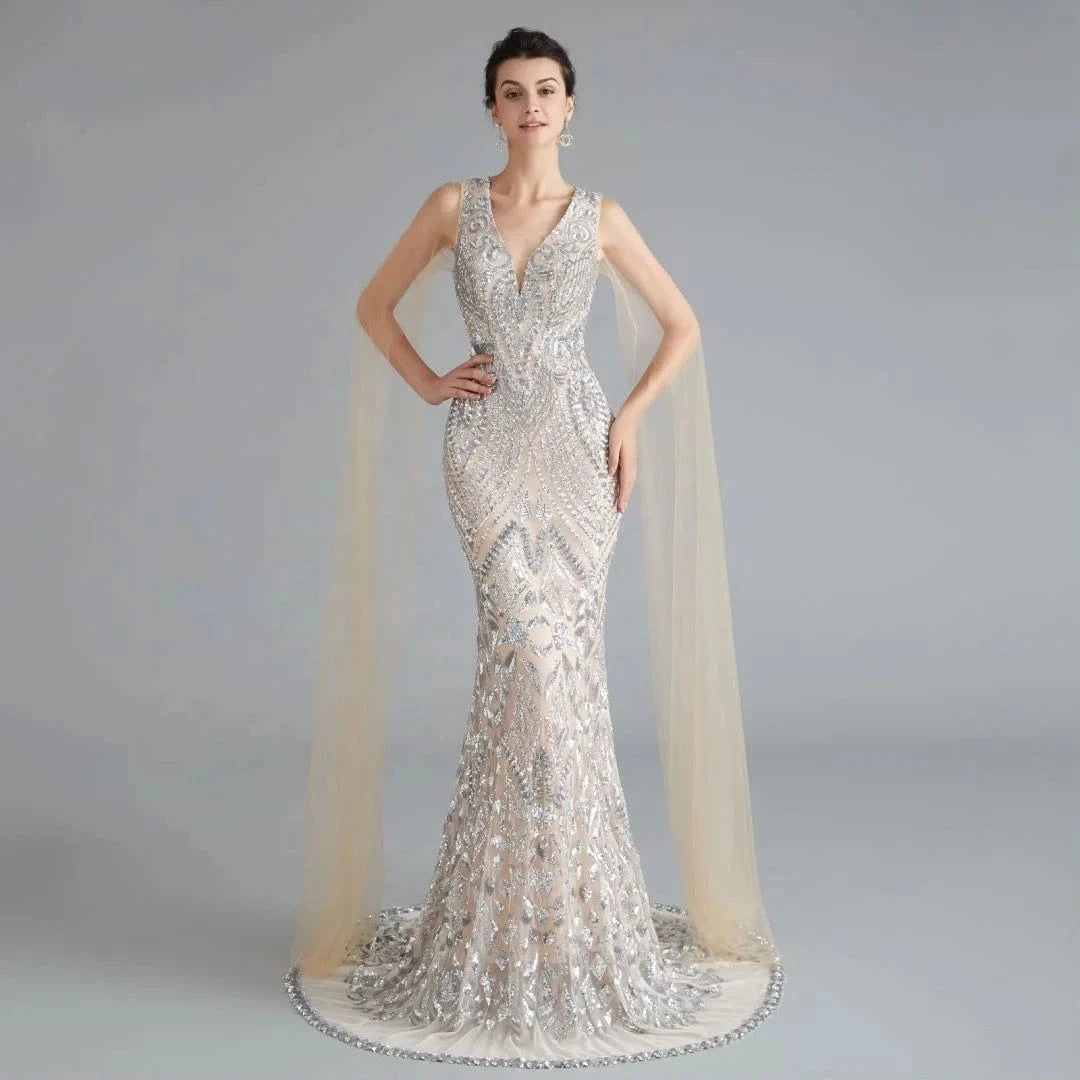 Wholesale Luxury Red Mermaid Modest Gold Celebrity Evening Dresses Women Champagne Elegant Sequins Silver Party Wear with Wings