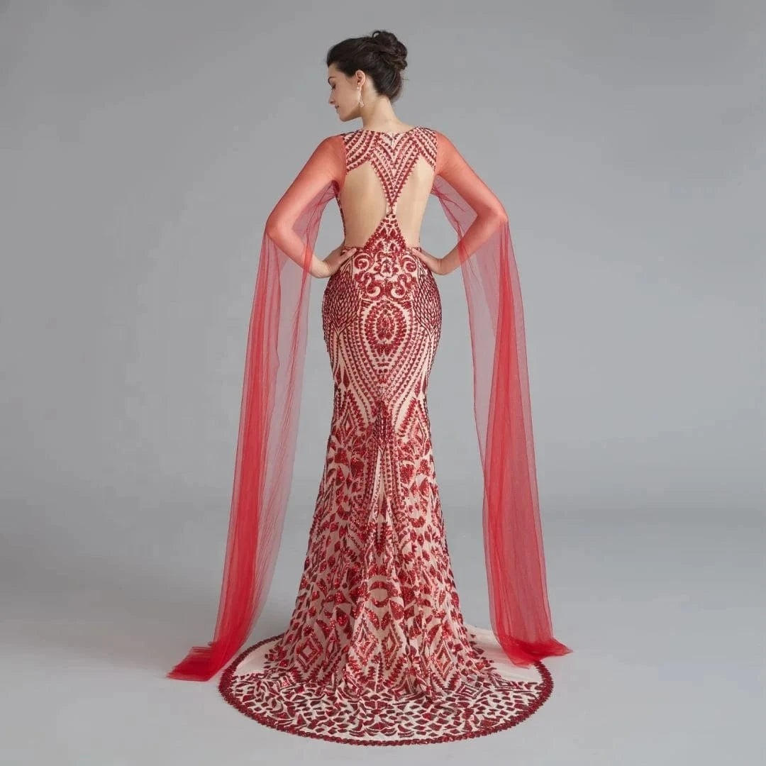 Wholesale Luxury Red Mermaid Modest Gold Celebrity Evening Dresses Women Champagne Elegant Sequins Silver Party Wear with Wings