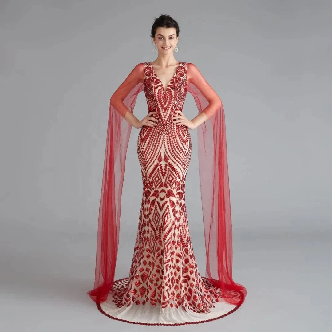 Wholesale Luxury Red Mermaid Modest Gold Celebrity Evening Dresses Women Champagne Elegant Sequins Silver Party Wear with Wings