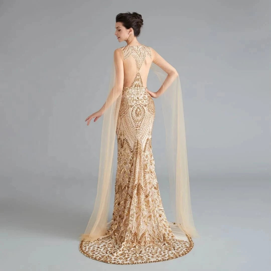 Wholesale Luxury Red Mermaid Modest Gold Celebrity Evening Dresses Women Champagne Elegant Sequins Silver Party Wear with Wings