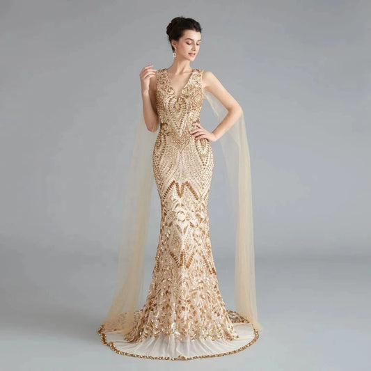 Wholesale Luxury Red Mermaid Modest Gold Celebrity Evening Dresses Women Champagne Elegant Sequins Silver Party Wear with Wings