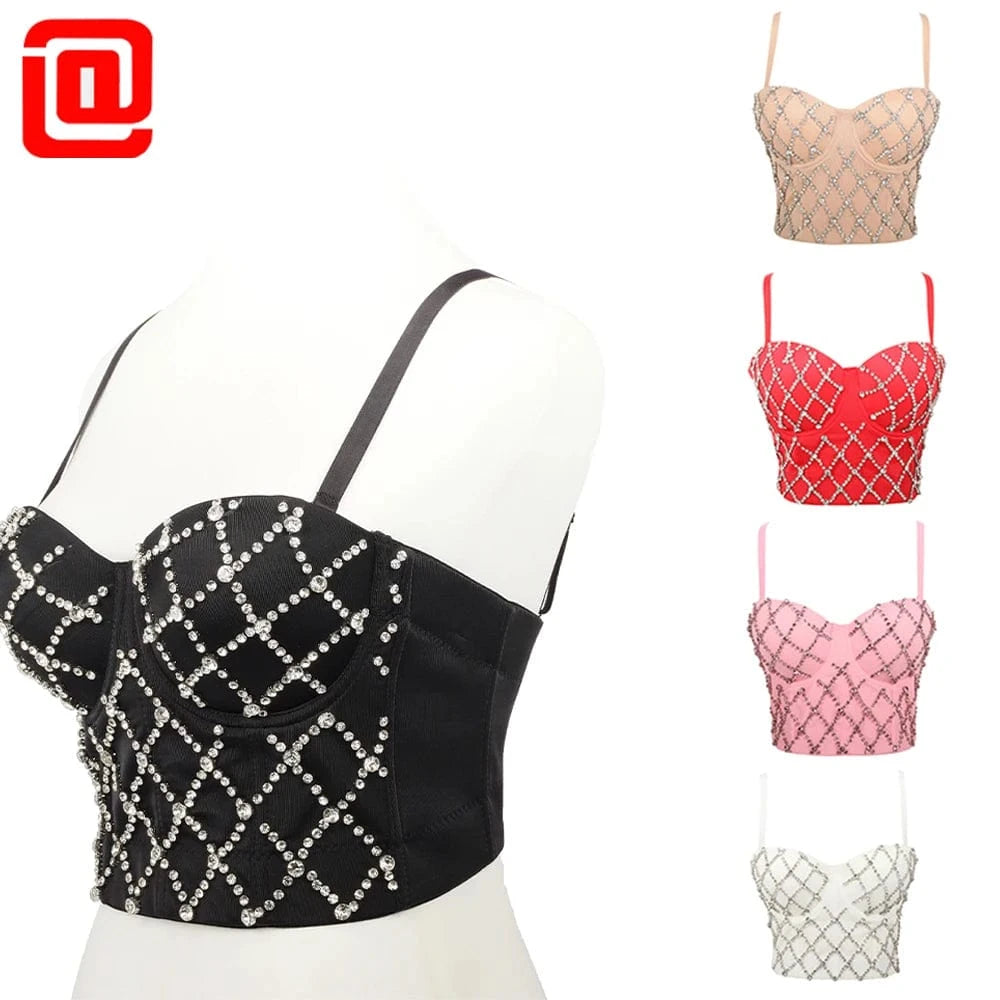 Wholesale mesh corset tops with diamonds Custom Sexy Back Snap Sling corsets tops for women