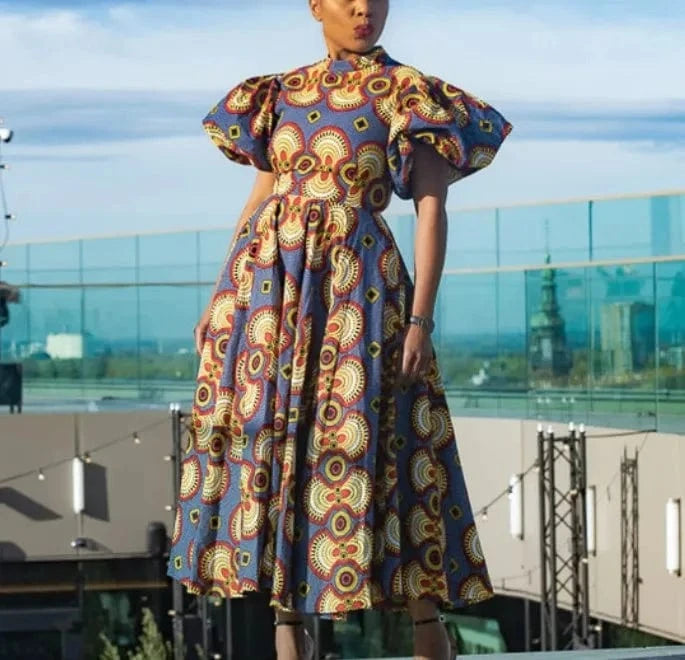 Wholesale Midi Length Classy Africa Printed A Line Women Casual Dress