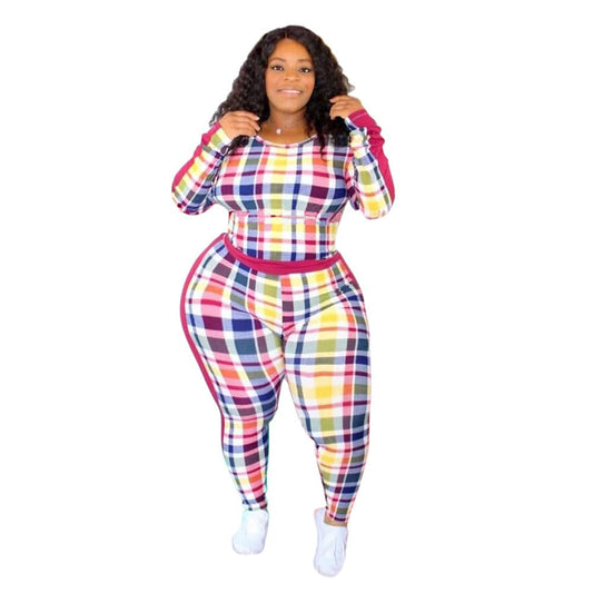 Wholesale New Autumn And Winter Long-Sleeved Round Neck Casual Tight-Fitting Plaid Printed Ladies Womens Plus Size Clothing Suit