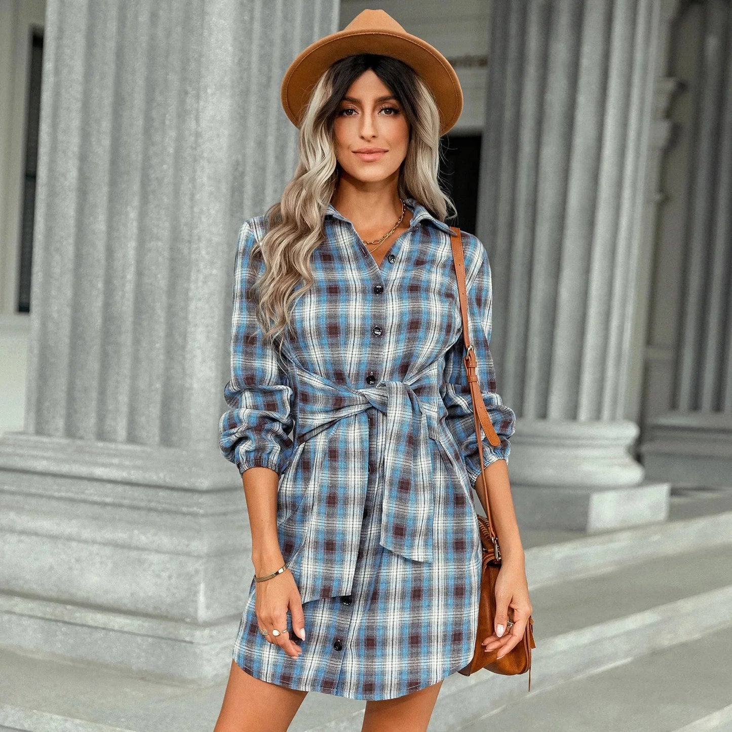 Wholesale New Autumn winter New European And American Women's Fashion Plaid Lace-up Waist Shirt