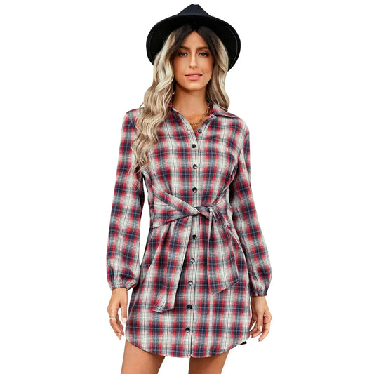 Wholesale New Autumn winter New European And American Women's Fashion Plaid Lace-up Waist Shirt
